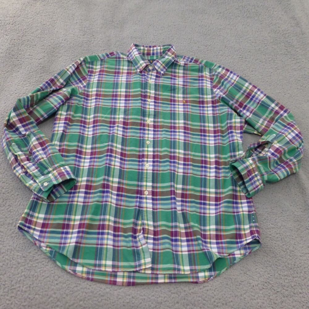 Ralph Lauren Shirt Mens XXL Button Up Plaid Green Flesh Pony Cotton Long Sleeve